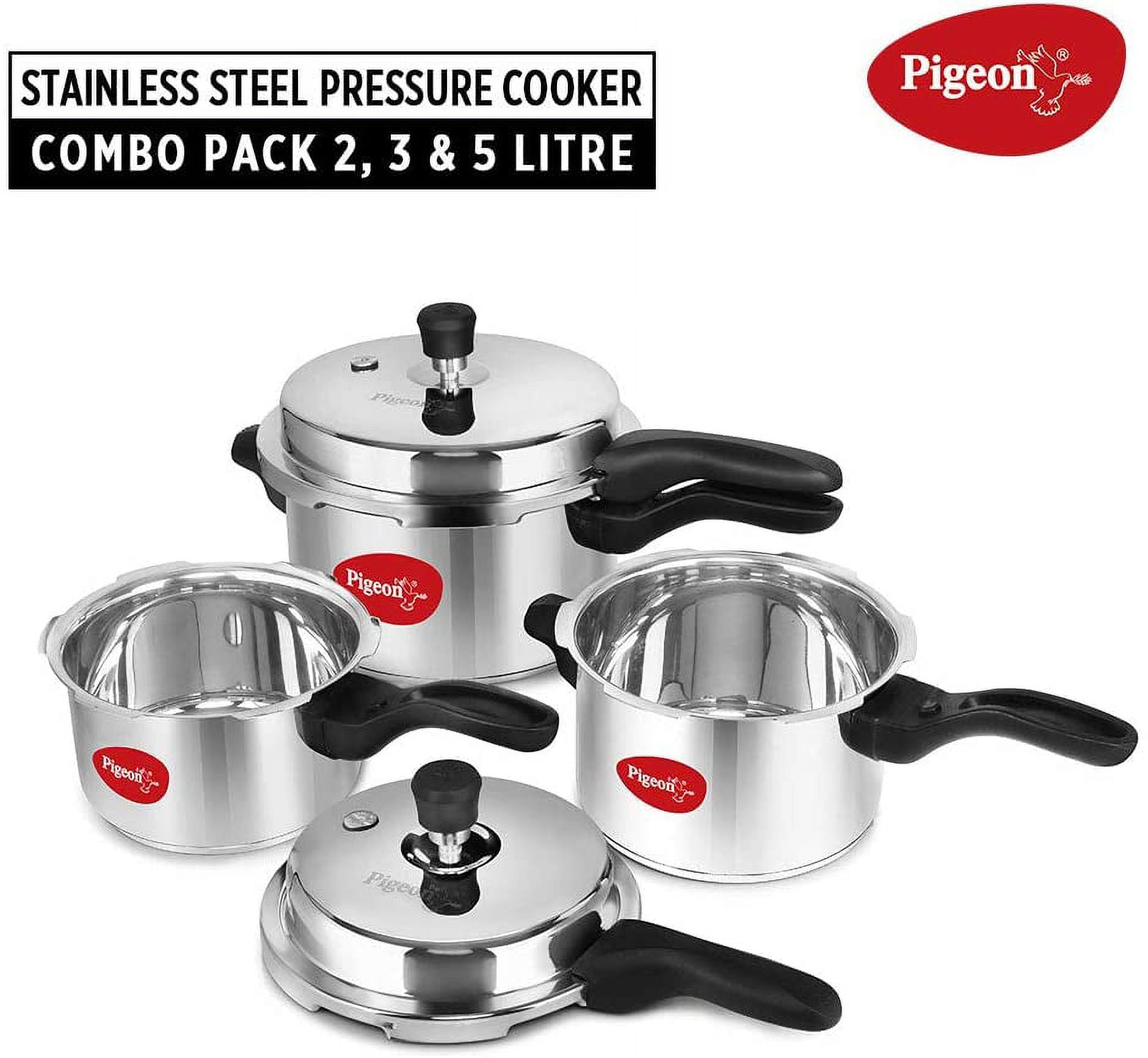  Pigeon Pressure Cooker Set 2 + 3 + 5 Quart - Stainless Steel -  Induction Base Outer Lid - Cook delicious food in less time: soups, rice,  legumes, and more - 3 Piece Set Silver: Home & Kitchen