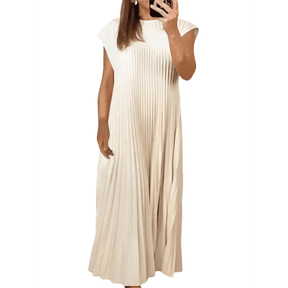 Women's Pleated Church Maxi Dresses Summer Casual Short Sleeve Crew Neck Flowy Loose Long Sundresses Beige S