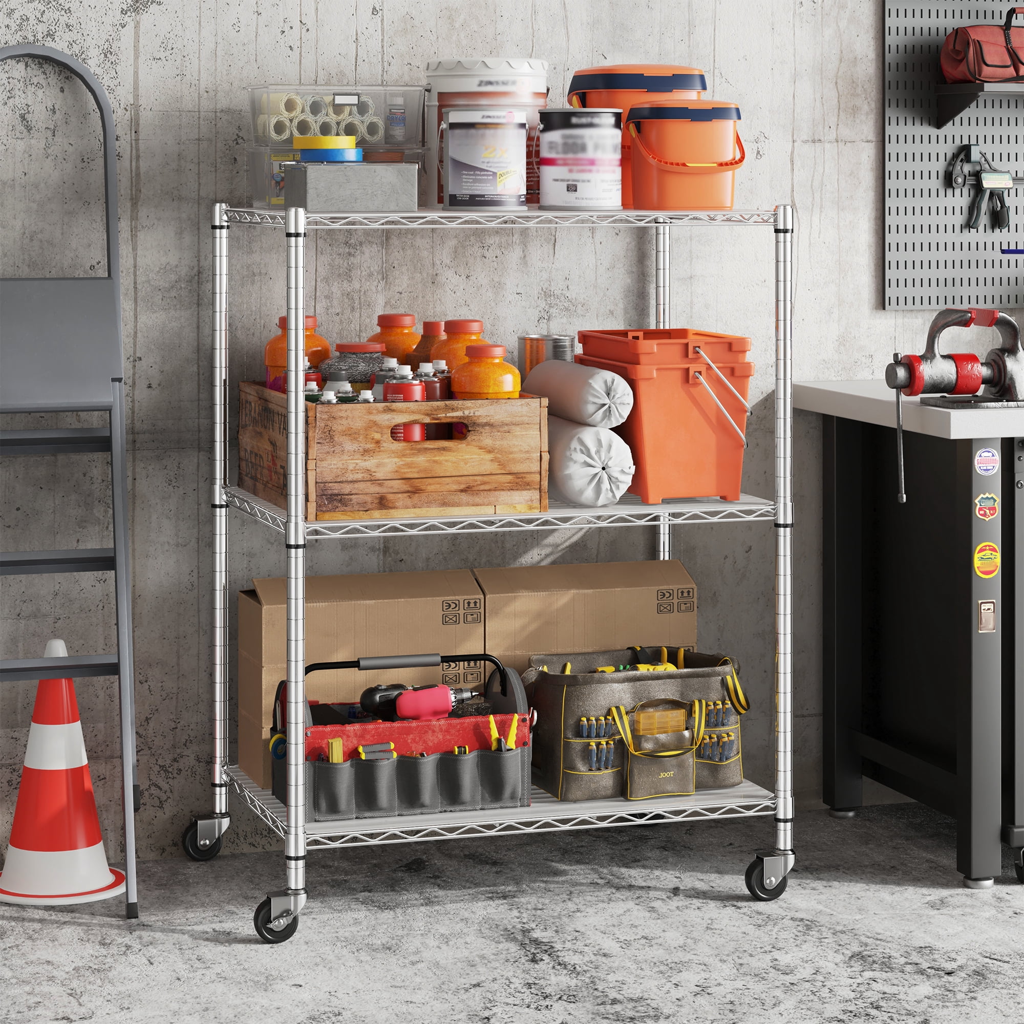 REIBII 3-Tier Wire Shelving Unit with Wheels,36"Wx18"D Heavy Duty Storage Rack,Adjustable Utility Organizer for Garage,Laundry,Pantry,300 lbs Per Shelf Chrome