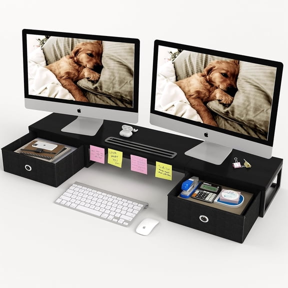 Dual Monitor Stand Riser with 2 Drawers - 39Inch Large Storage Computer Monitor Stands for 2 Monitors, Wooden Desktop Organizer Perfect for Home Office Desk, Computer
