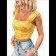 thumbnail image 3 of Camiseta Sin Mangas con Cuello Cuadrado y Estampado Floral para Mujer, Corte Ajustado para Vacaciones. Amarillo S, 3 of 9