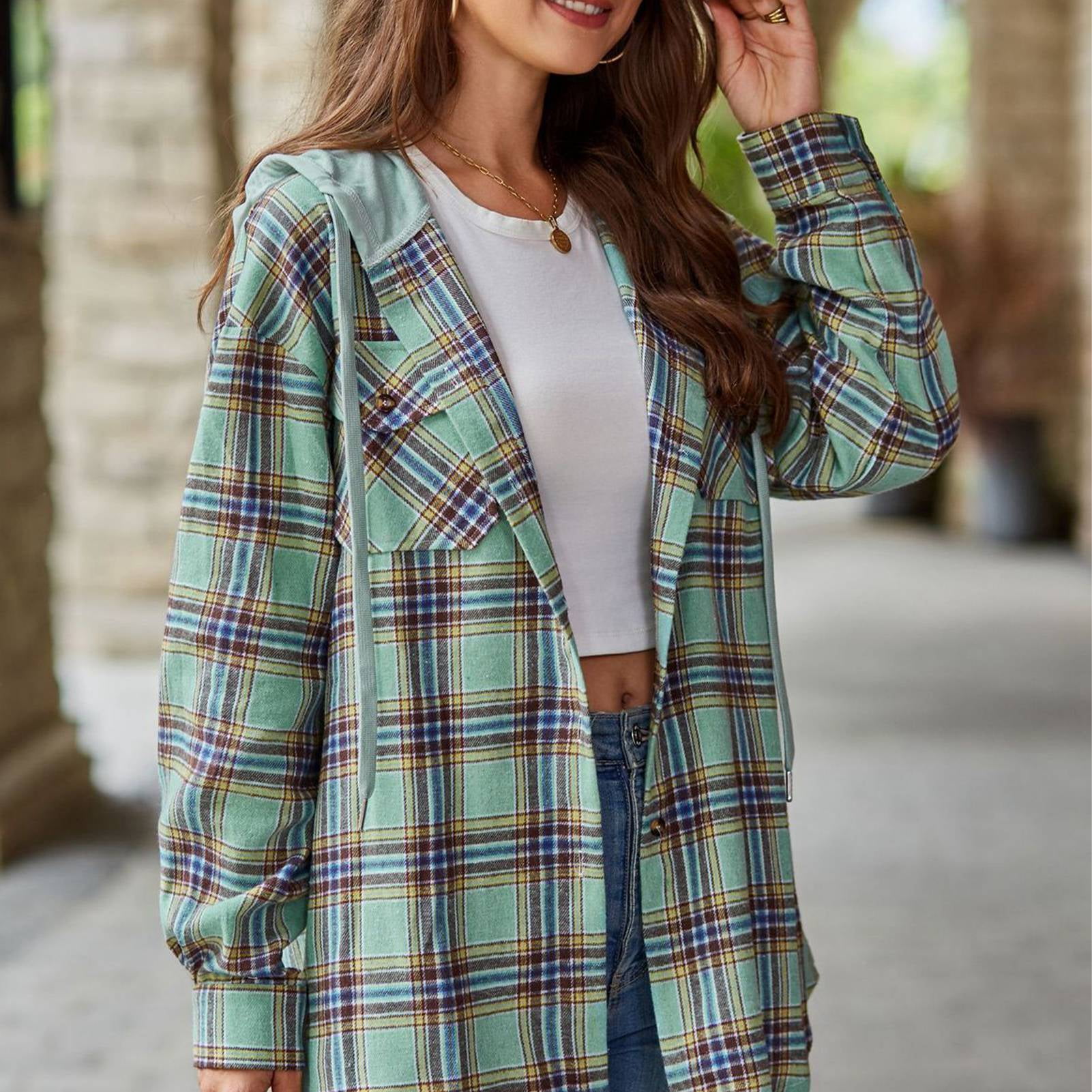 Chemise à Capuche à Carreaux pour Femmes avec Cordon de Serrage