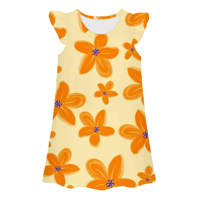 WERYOUNG Robes pour Filles Été Décontracté Confortable Imprimé Fleuri Col Rond Manches Volantes Vêtements de Maison Pyjamas Tendance Robe Ample, Orange, 7-8 Ans