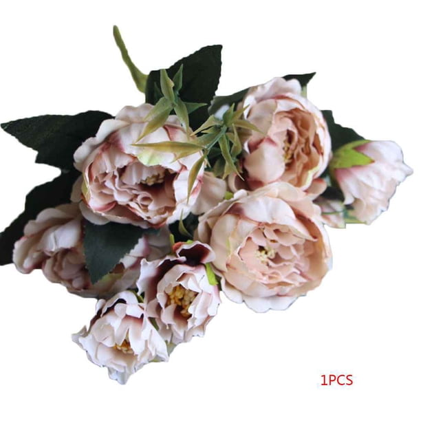 Bearachild Ramo de flores artificiales de rosas de seda de 8 cabezas en florero, ramo para boda, fiesta en casa Decoración café