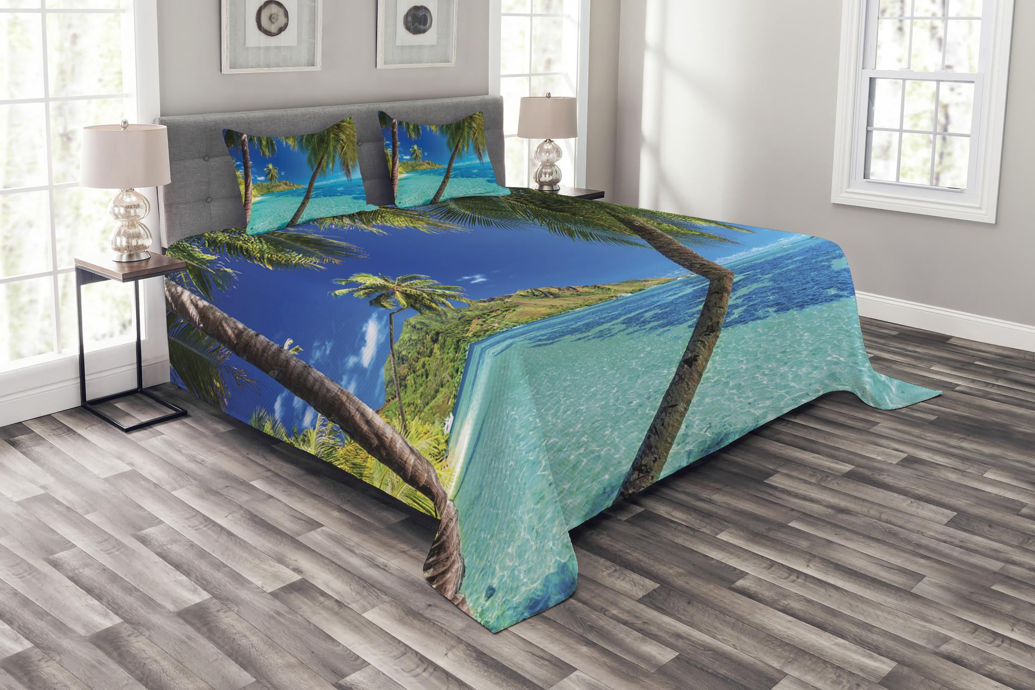 Beach Quilted Bedspread & Pillow Shams Set Exotic Palm Tree Ocean Print