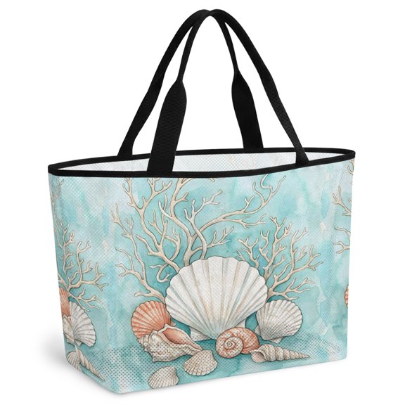 Coastal Seashells Beach Bag for Women, Large Breathable Mesh Beach Tote Bag, Watercolor Ocean Coral Conch Blue Green Sandproof Lightweight Travel Bags for Vacation Picnic Swimming Pool