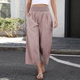 thumbnail image 4 of Women's Gingham Palazzo Pants Smocked High Waist Wide Leg Trousers Casual Loose Plaid Cropped Slacks with Pockets 3/4 Length, 4 of 7