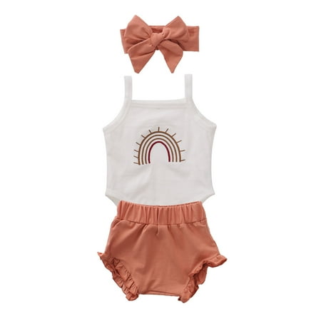 

Baby Summer Clothing Infant Baby Girl Boy Clothes Sleeveless Rainbow Ruffled Romper Tops High Waist Shorts Headband Outfits
