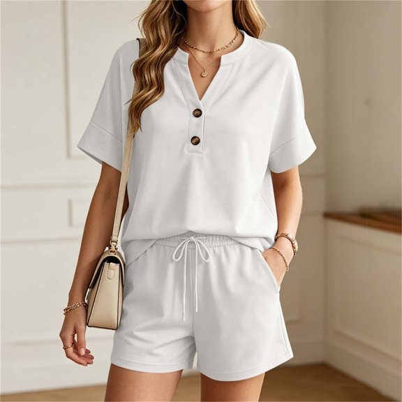 ZyeKqe Womens Summer Sets Button V Neck Short Sleeve Shirts Drawstring Elastic Waist Shorts Casual 2 Piece Workout Sets