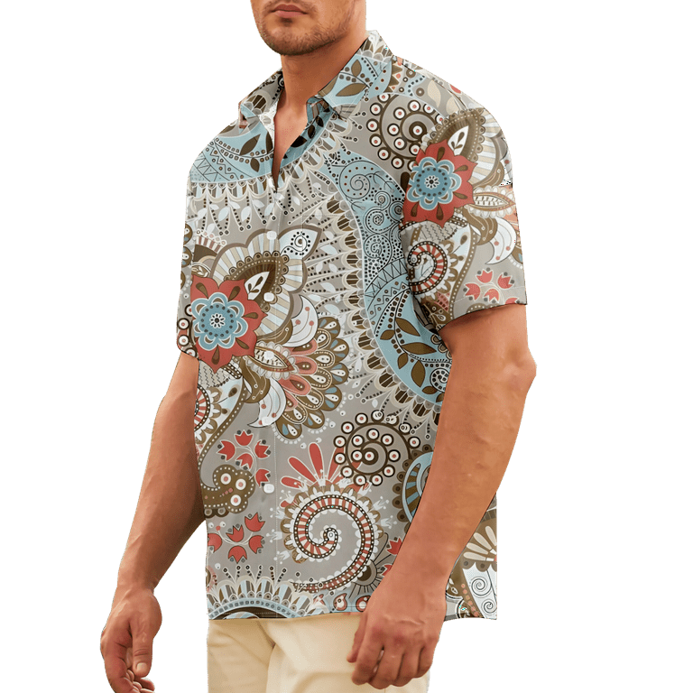 Men's Floral Vintage Casual Paisley Pattern 70s Disco Shirts Short Sleeve  Hawaiian Shirt