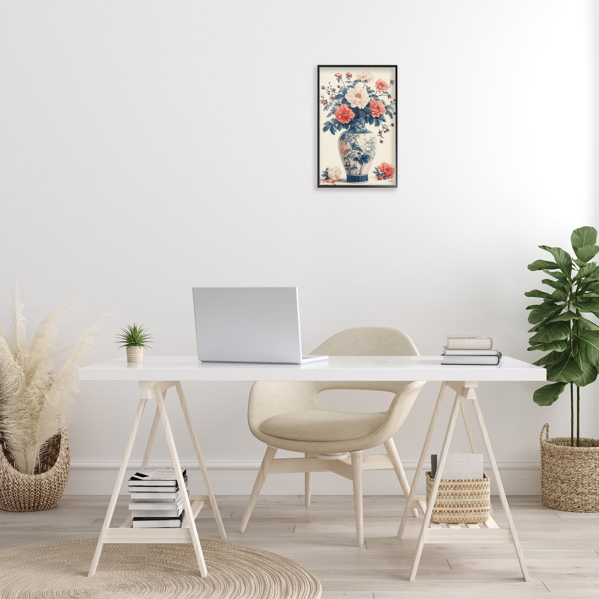 Stupell Industries Vintage Eastern Vase Botanical & Floral Painting Black Framed Art Print Wall Art, 12 x 18
