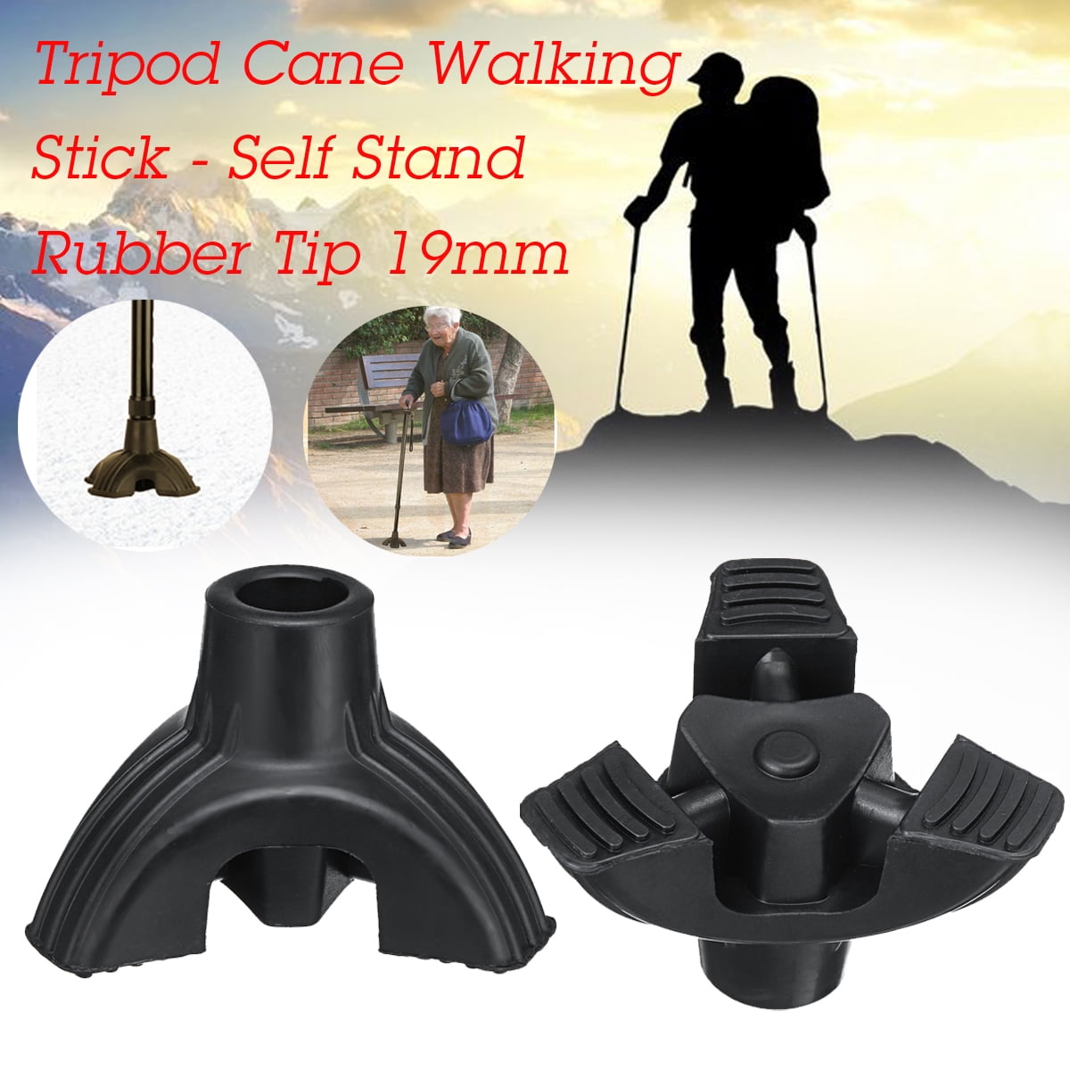 19mm Walking Stick End Tripod Cane Tip Self Standing Rubber Non Slip