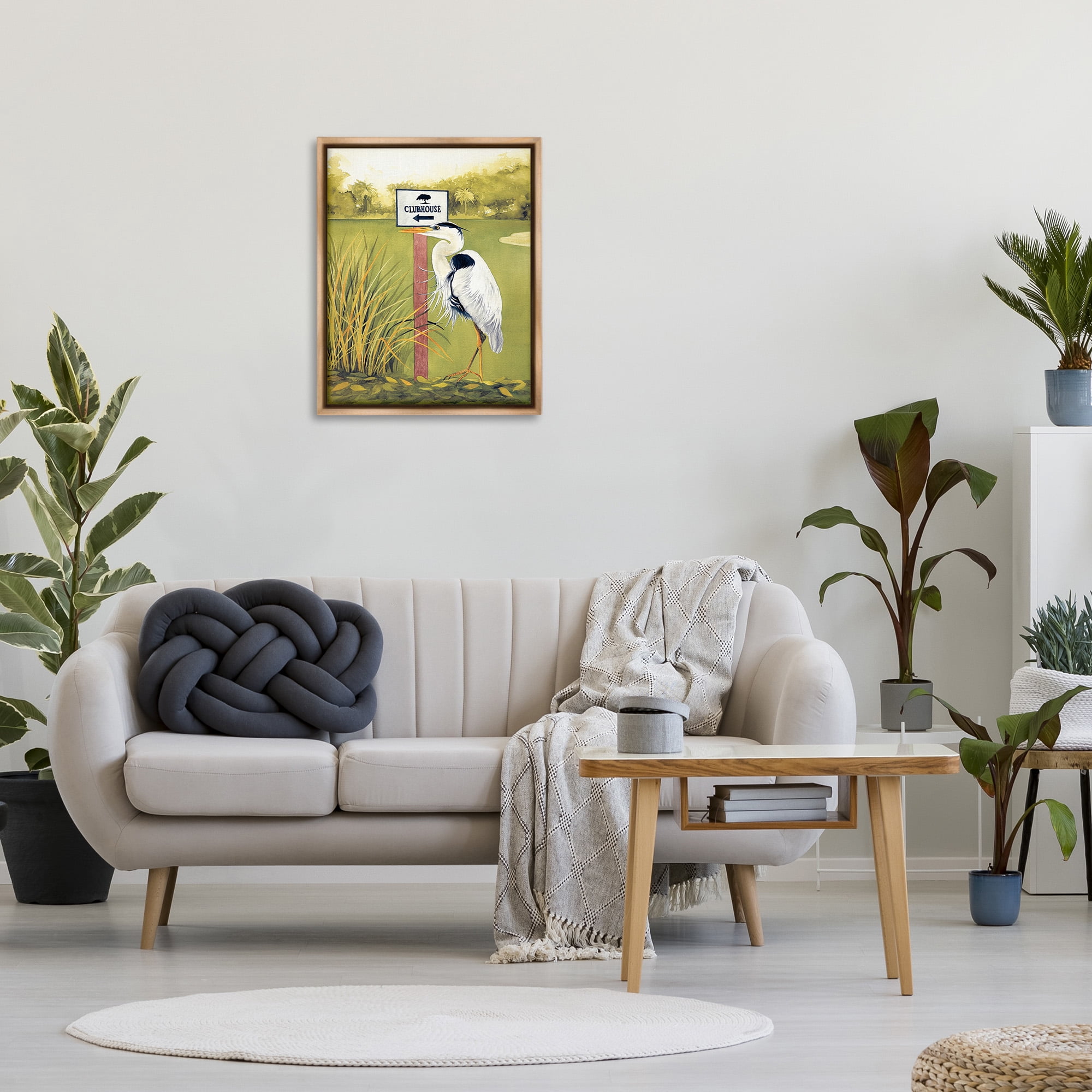 Stupell Industries Heron & Clubhouse Sign Animals & Insects Painting Brown Floater Framed Canvas Art Print Wall Art, 25 x 31