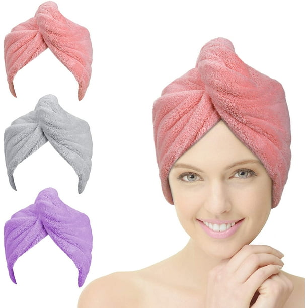 ZHAOCHENG Toalla para el cabello, 3 toallas para secar el cabello, toalla de microfibra súper absorbente para turbante para el cabello con diseño de botones, cabello seco rápido para mujeres (rosa, mo