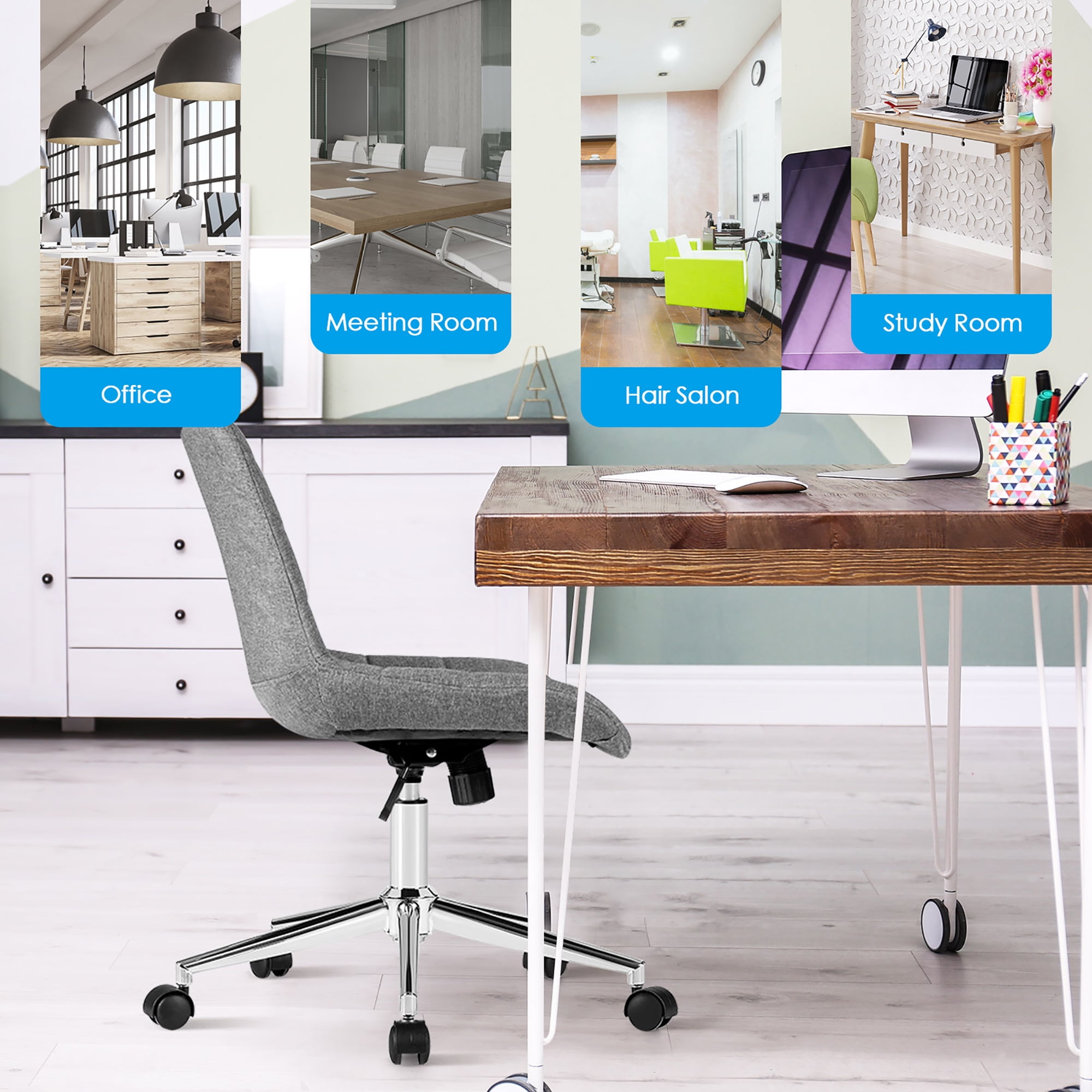 Costway Mid Back Armless Office Chair Adjustable Swivel Fabric Task Desk Chair Gray