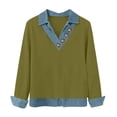 thumbnail image 5 of Women's Long Sleeve Shirts With Denim Collar Cuffs Buttons Decor V-Neck Tops Army Green L, 5 of 6