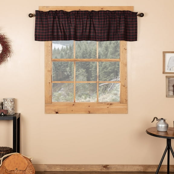 VHC Brands Glennock Plaid Windowpane Cotton Rustic-Kitchen Curtains -Rod Pocket Hanging Loops Valance, Midnight Black