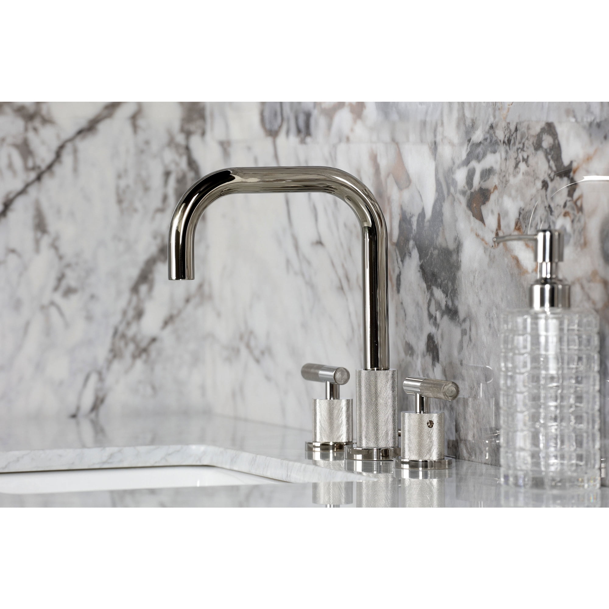 Kingston Brass FSC8939KNL Convergent Two-Handle 3-Hole Deck Mount Widespread Bathroom Faucet with Knurled Handle and Brass Pop-Up in Polished Nickel