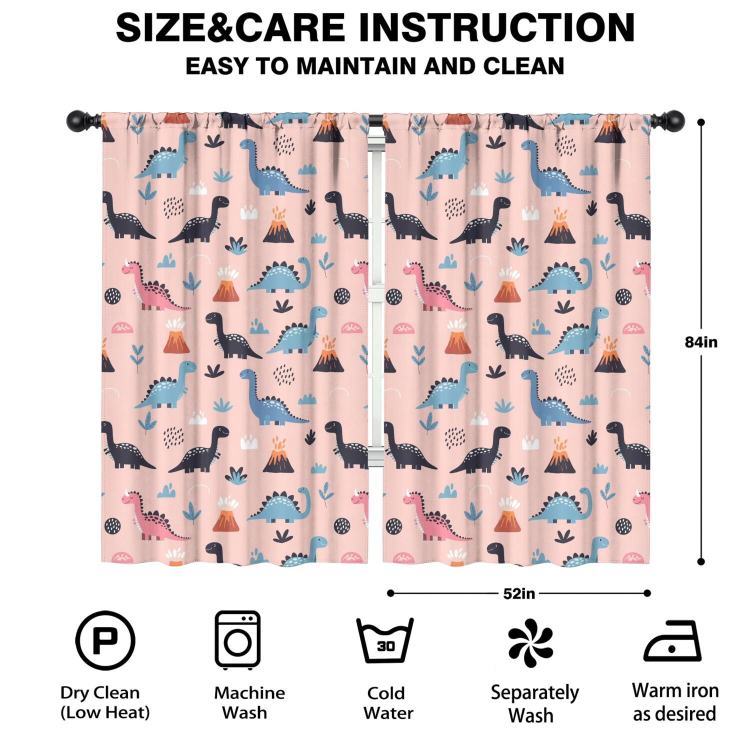 Blackout Kids Curtains,Pink Cartoon Dinosaurs Volcanoes Pattern Childrens Insulated Curtains Set Of 2,Bedroom Essentials,Toddler Room Decor 52"x84"