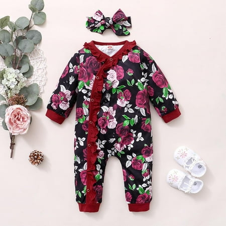 

Leutsin Autumn Winter Baby Girl Clothes Floral Long Sleeve Romper Jumpsuit With Headband
