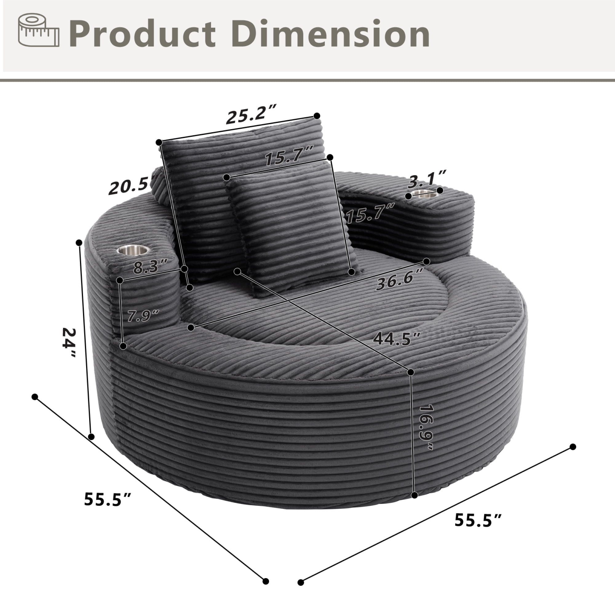 Leumius Oversized Round Chaise Lounge Sofa,Upholstered Lounge Chair with 2 Pillows and Cupholders,Boneless Sofa Couch with Memory Foam,Deep Seat Sleeper Chair for Living Room,No Assembly,Dark Gray