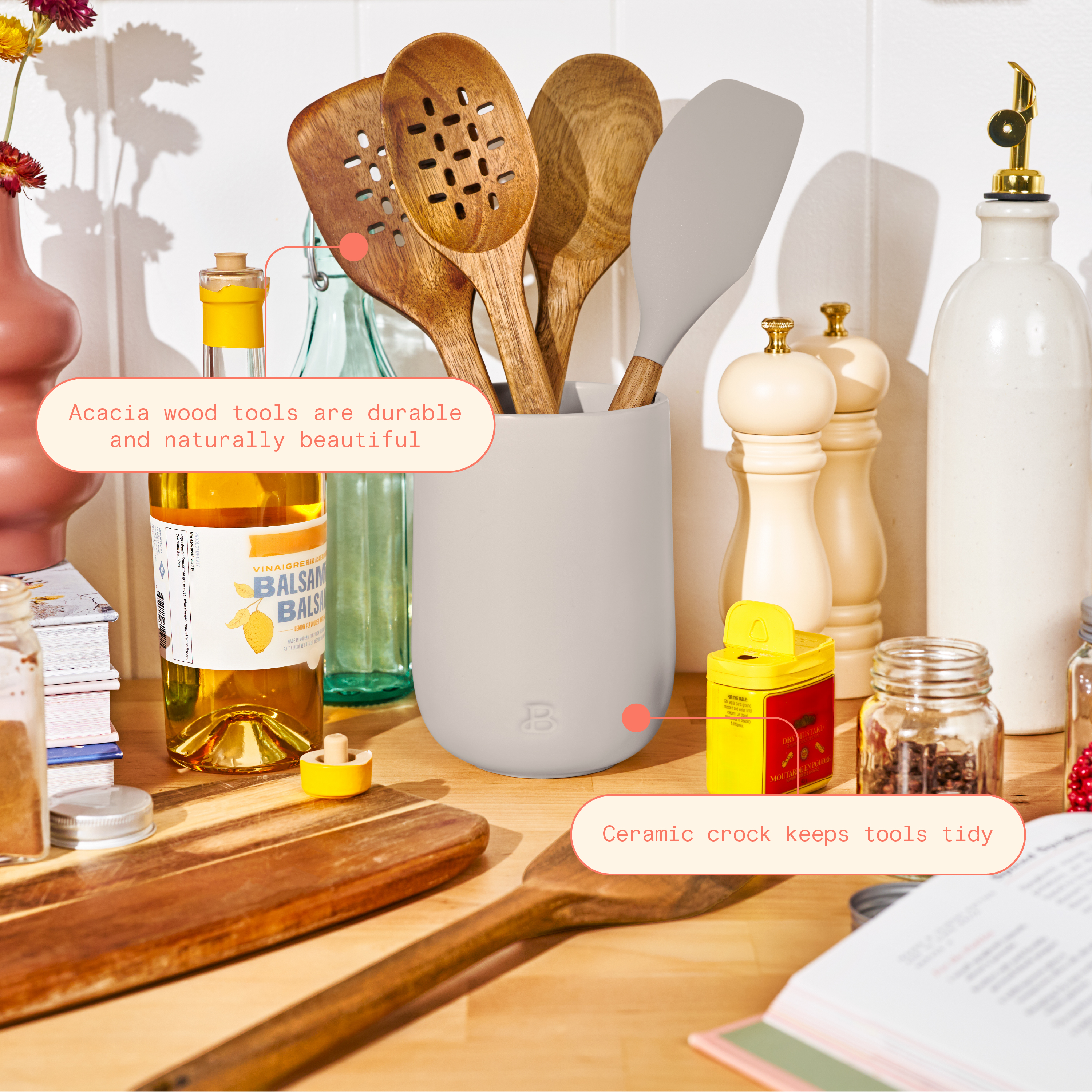Beautiful 12-Piece Stoneware Bakeware & Kitchen Tools Set, Porcini Taupe by Drew Barrymore
