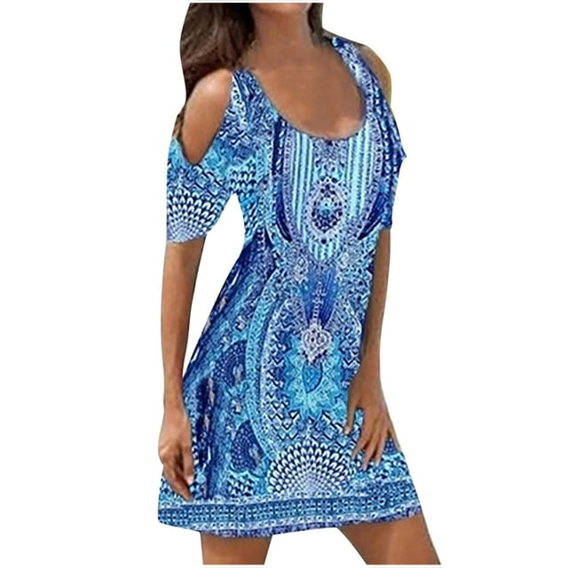 Leutsin Robe d'Été Décontractée pour Femme Grande Taille à Manches Mi-Longues, Col en U, Épaules Dénudées, Imprimée, Courte Mini, Coupe Droite