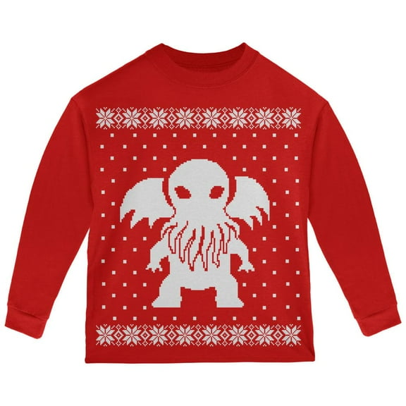 Big Cthulhu Ugly Lovecraft Christmas Sweater Red Toddler Long Sleeve T-Shirt - 2T