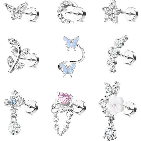 9pcs 16G Cartilage Earrings Helix Earrings for Women, Stainless Steel Helix Piercing Jewelry Leaf Butterfly Studs Flat Back Cartilage Earrings Set