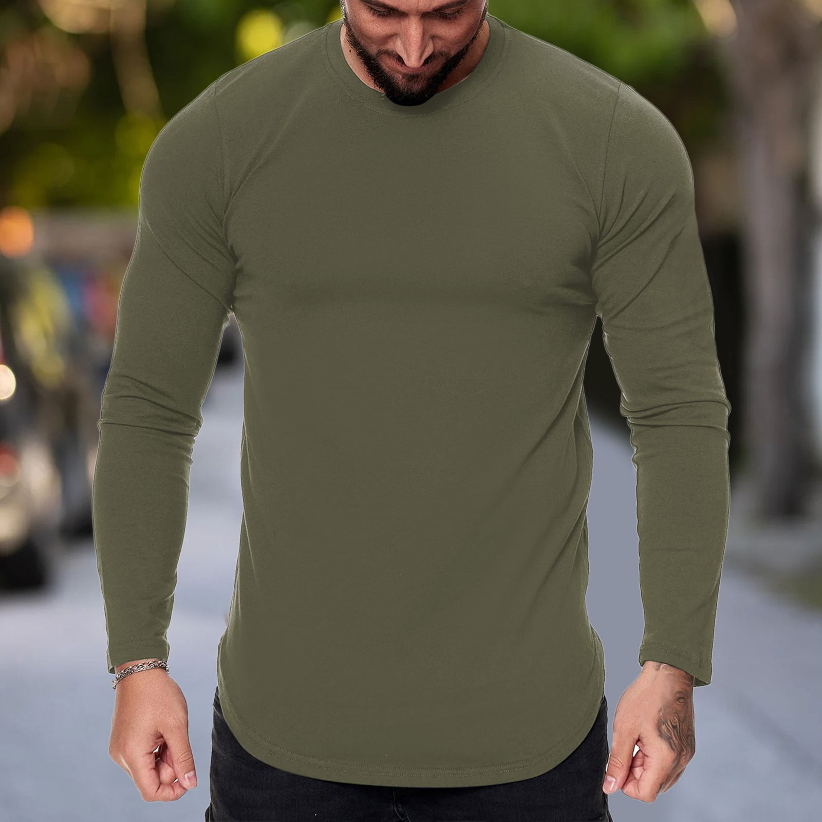 Green Summer Long Sleeve Crewneck Gym Spandex T Shirts Mens Fashion Casual Sports  Fitness Outdoor Curved Hem Solid Color Round Neck Shirt Top 