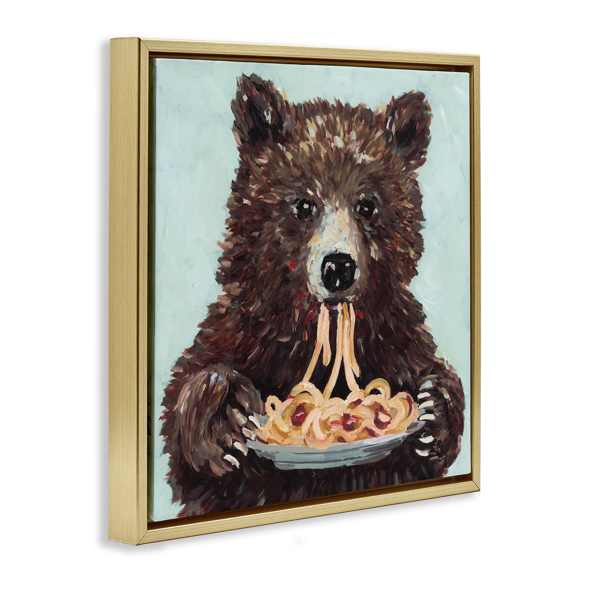 Whimsical Bear & Spaghetti Gold Framed Floater Canvas Wall Art, design by Studio Bautista