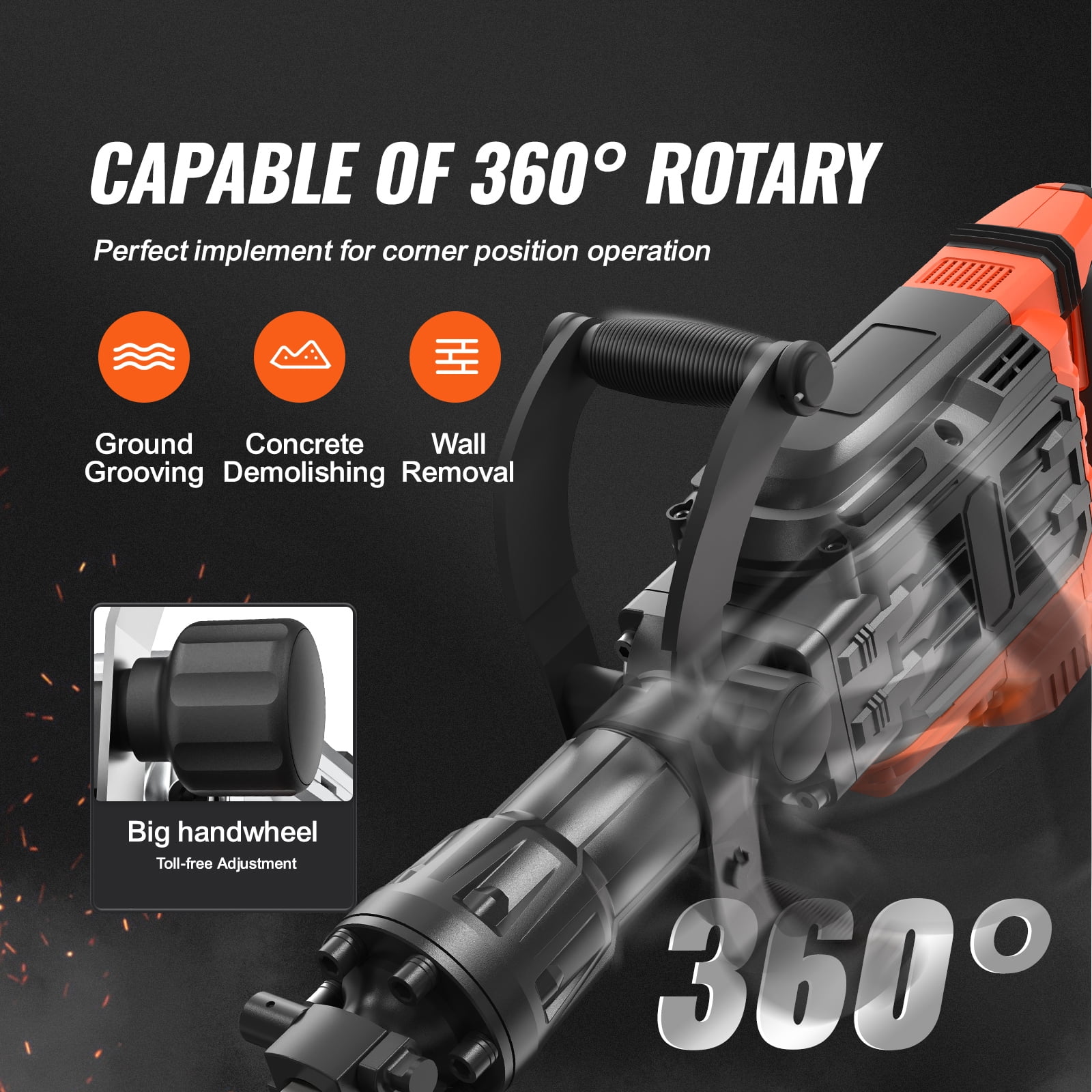 SKYSHALO 2 Chisel Heads Demolition Jack Hammer Concrete Cutter 3500W Electric Black