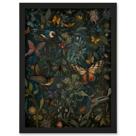 William Morris Style Plants Birds and Butterflies Artwork Framed Wall Art Print A4