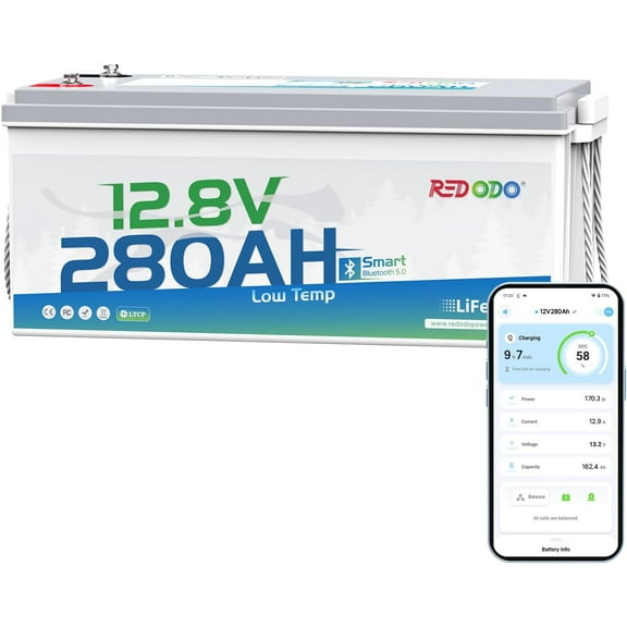 Redodo 12V 280Ah Bluetooth Lifepo4 Battery, Low Temp Cut-off Max 3584Wh Lithium Battery with 200A BMS, 4000  Cycle, Ideal for Trolling motor, Marine, RV and Off Grid