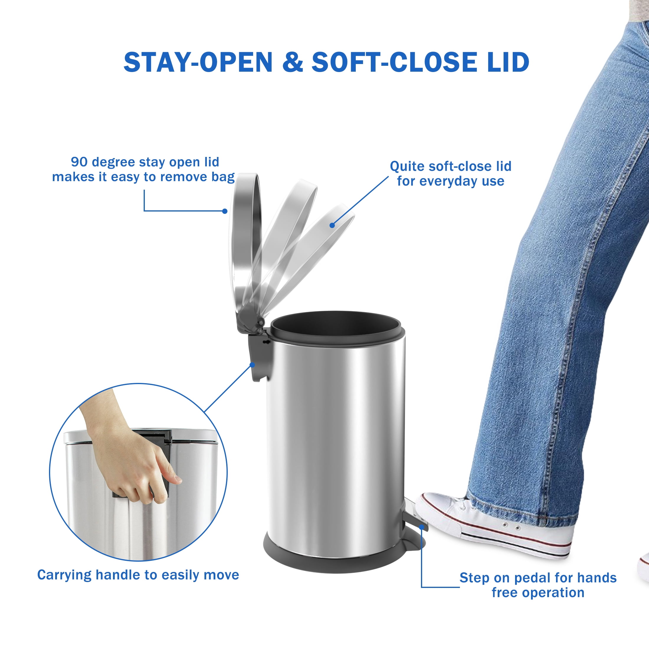 Koomade 2 Pack Bathroom Trash Can, 1.3 Gallon Stainless Steel Step Garbage Bin with Lid, Silver