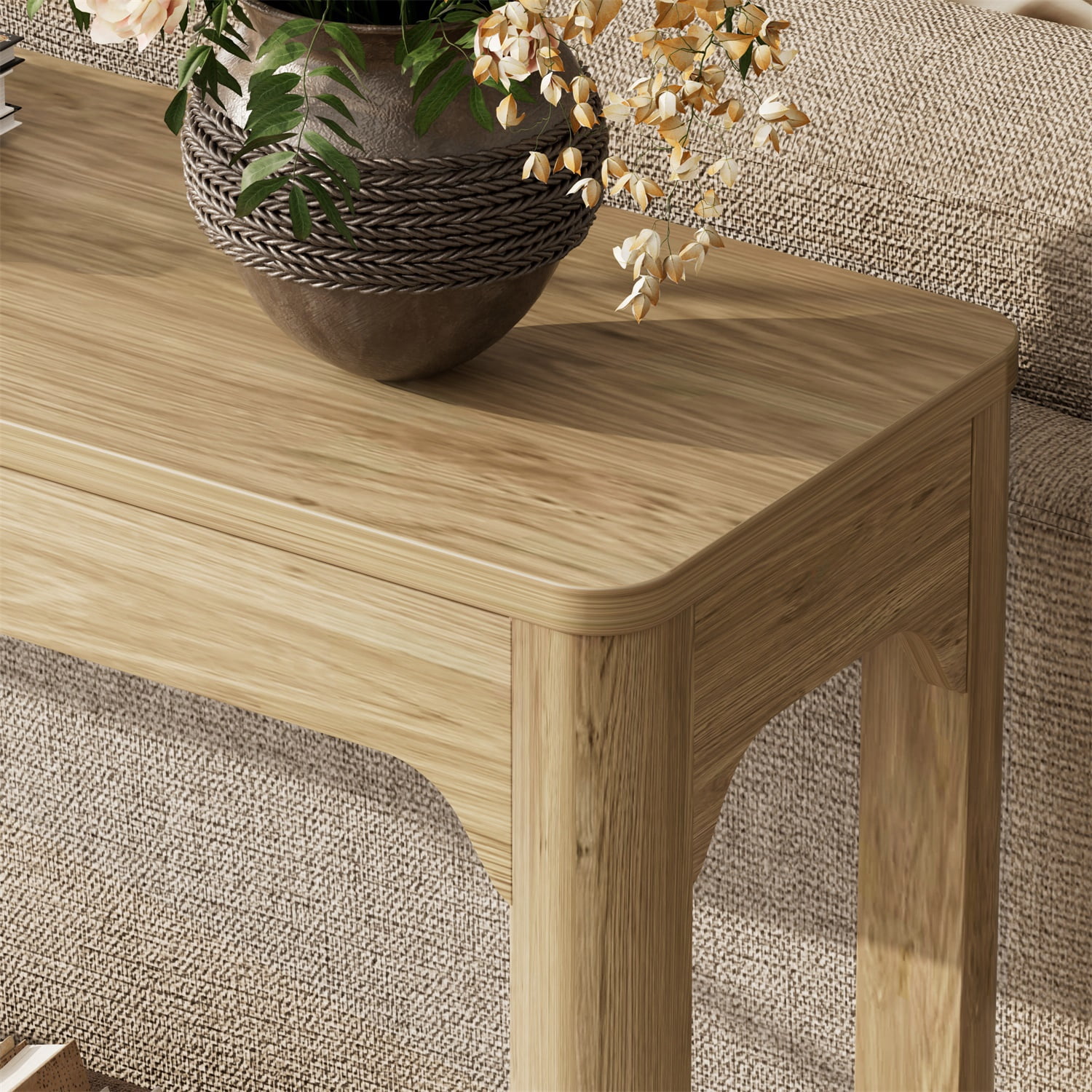 Hommoo 55.1-inch Curved-Leg Console Table, Slim Modern Entryway & Sofa Back Table with Open Shelf, Ideal for Hallways, Living Rooms & Small Spaces, Natural