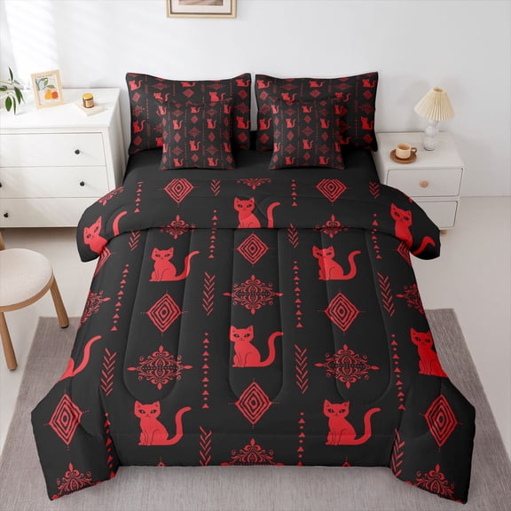 Feelyou Tribal Cat Twin Bedding Sets 7pcs, Black Red Boho Aztec Bedding Comforter Set