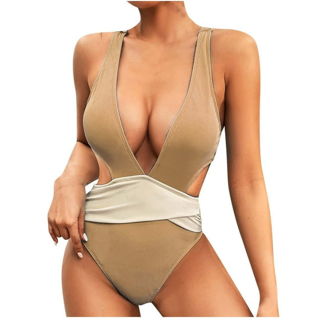 Penkiiy Women's One Piece Swimsuit V Neck Cutout Bathing Suit Ruched Drawstring M Coffee