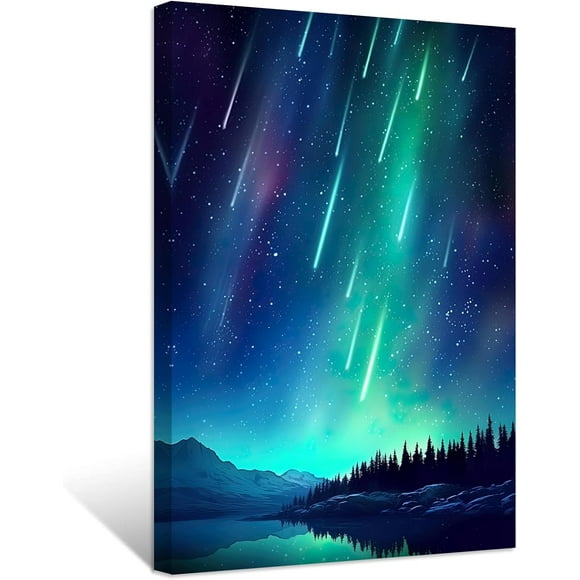 ZHONGYUTONG Northern Lights Wall Art Aurora Borealis Painting Forest Mountain Canvas Prints Nature Landscape Home Decor Framed (12.00" x 18.00")