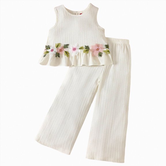 Toddler Girls Outfits Toddler Girl Floral Outfit Sleeveless Flower Embroidery Top & Wide Leg Pants Summer Set