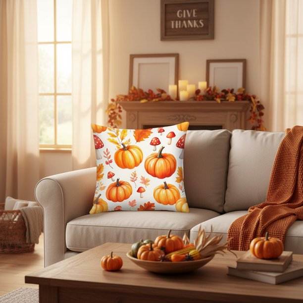 Thanksgiving Pillow Covers 17.7x17.7 Inches Fall Pumpkin Decorative Pillow Cases With Soft Fabric Hidden Zipper For Home Decor