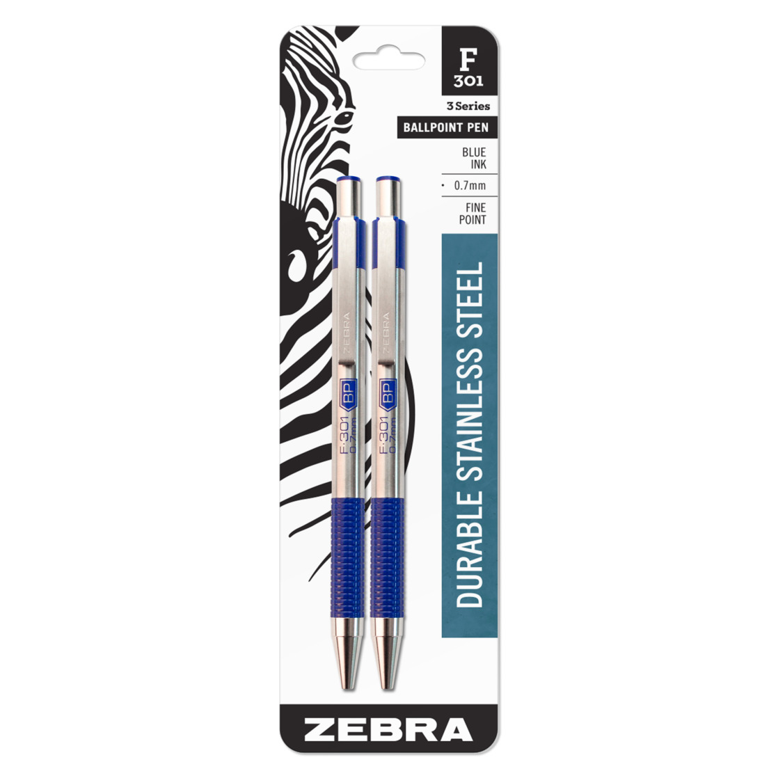 Zebra Pen F-301 Ballpoint Stainless Steel Retractable Pen, 0.7mm, Blue Ink, 2-Pack