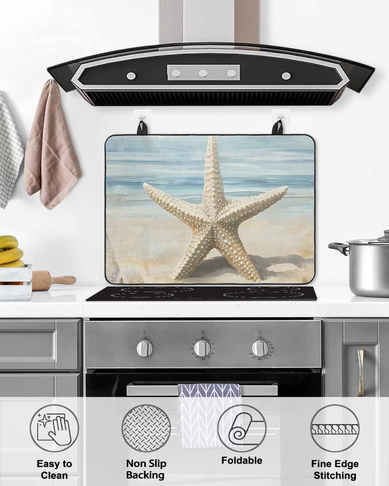 nqOlkjepod Large Induction Cooktop Protector Mat 36"x21", Coastal Beach Starafish Stove Top Covers for Electric Stove, Summer Ocean Wave Blue Beige Stove Burner Cover Mats, Glass Top Stove Cover