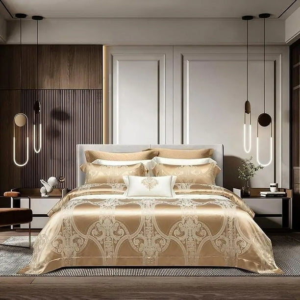 Juego de cama de lujo en seda dorada