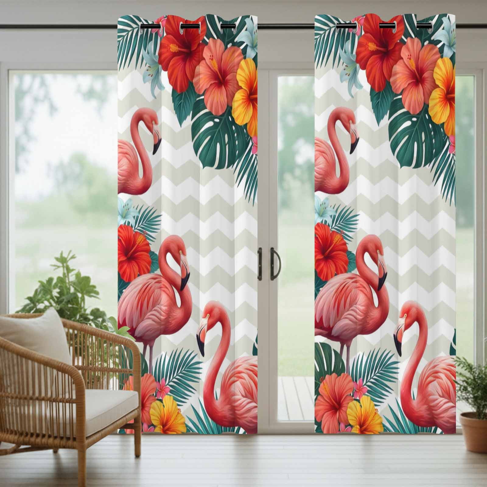 Pink Flamingos Outdoor Curtains for Patio, Summer Red Hibiscus Flower Tropical Plant Wave Stripes Sunshade Privacy Drapes Grommet Waterproof Outside Curtains for Porch Balcony 54"x108", 1 Panel