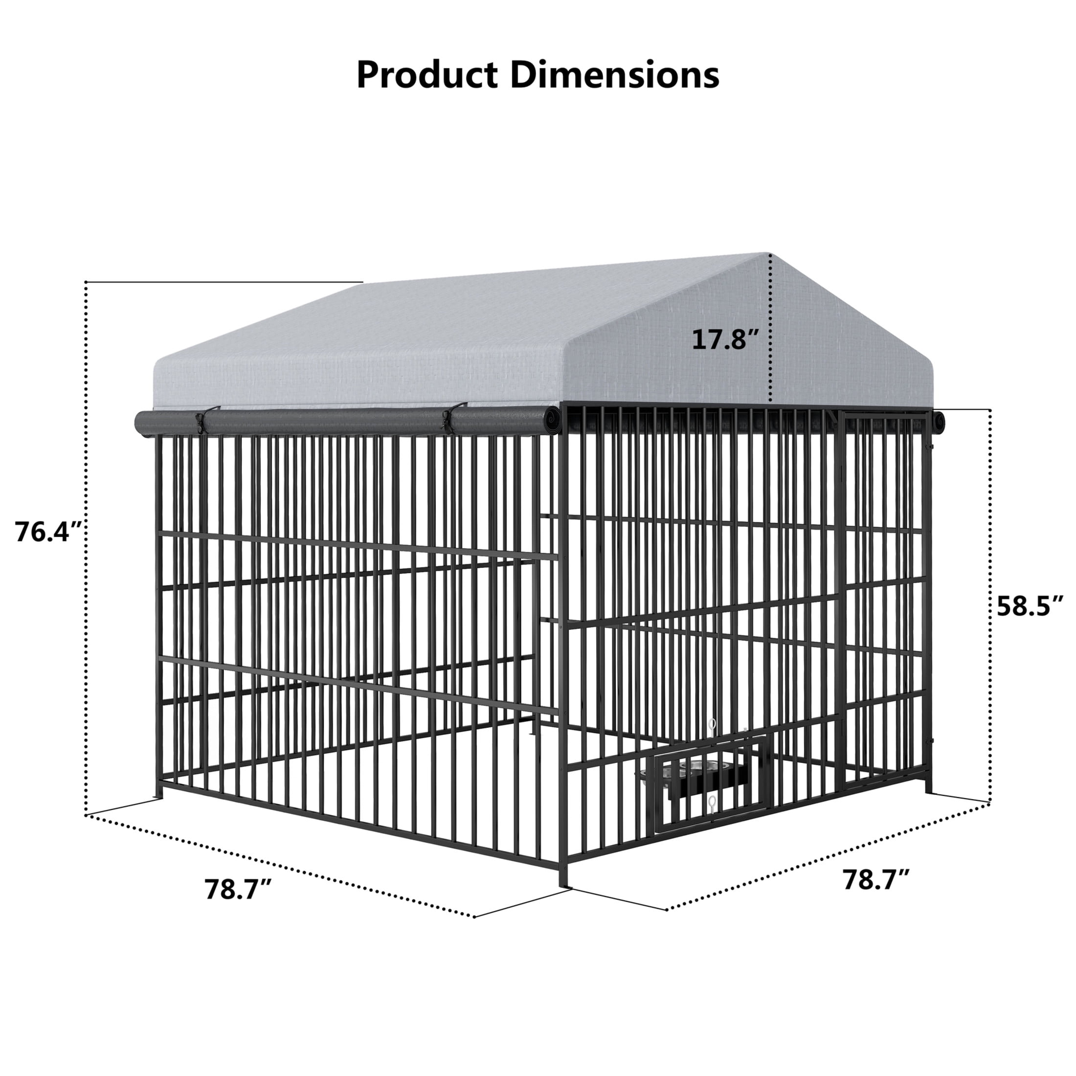 Noble House Large Outdoor Metal Dog Kennel with Roof Cover & Bowls, 6.6' x 6.6' x 6.4', Black+Gray