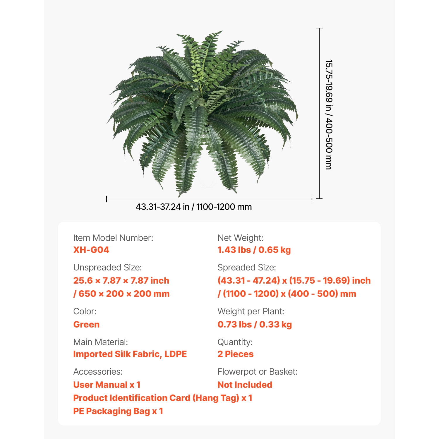 KFFKFF Artificial Ferns Set of 2, Natural Spread Diameter 43-47 Inch, Large Hanging Boston Ferns, Fake Plant Wall Decor with 50 Branches, Faux Fern for Home and Office (Flowerpot Not Included)