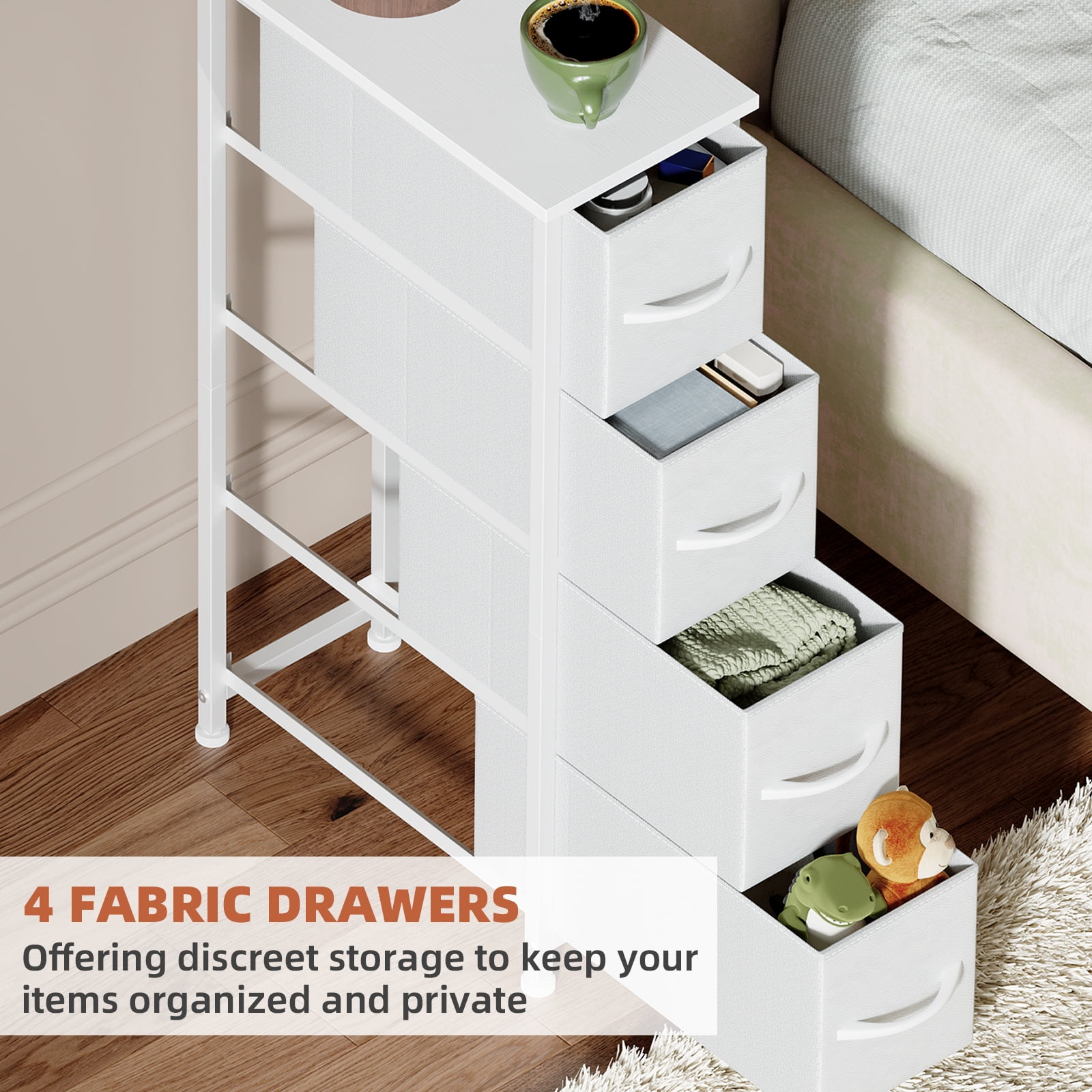 Eunos Narrow Dresser with 4 Slim Drawers for Bathroom Storage Cabinet Hallway, White Leather