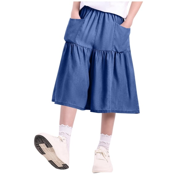 Mifsaly Girls Wide Leg Denim Culottes Sun Protection Flowy Kids Capri Pants Soft Lightweight Tiered Chambray Casual Summer Cropped Jean Pant with Pockets