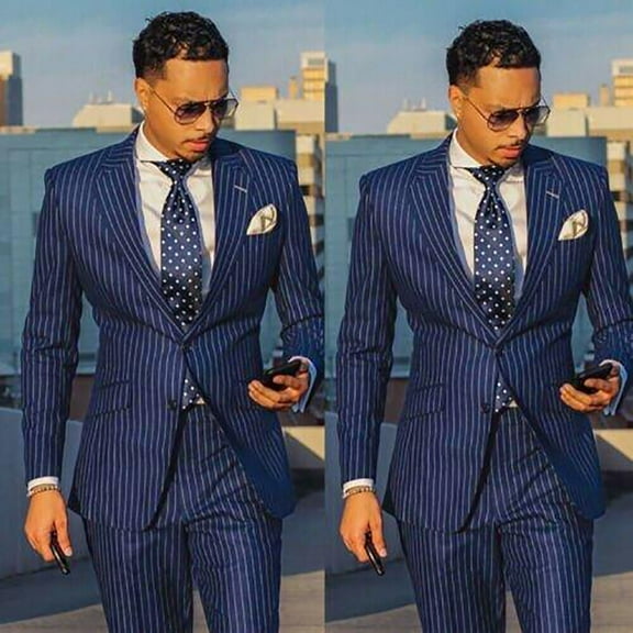 YAOLAN Navy Blue Striped Suit Jacked and Pants, 2-Piece Set, (Mens 38)